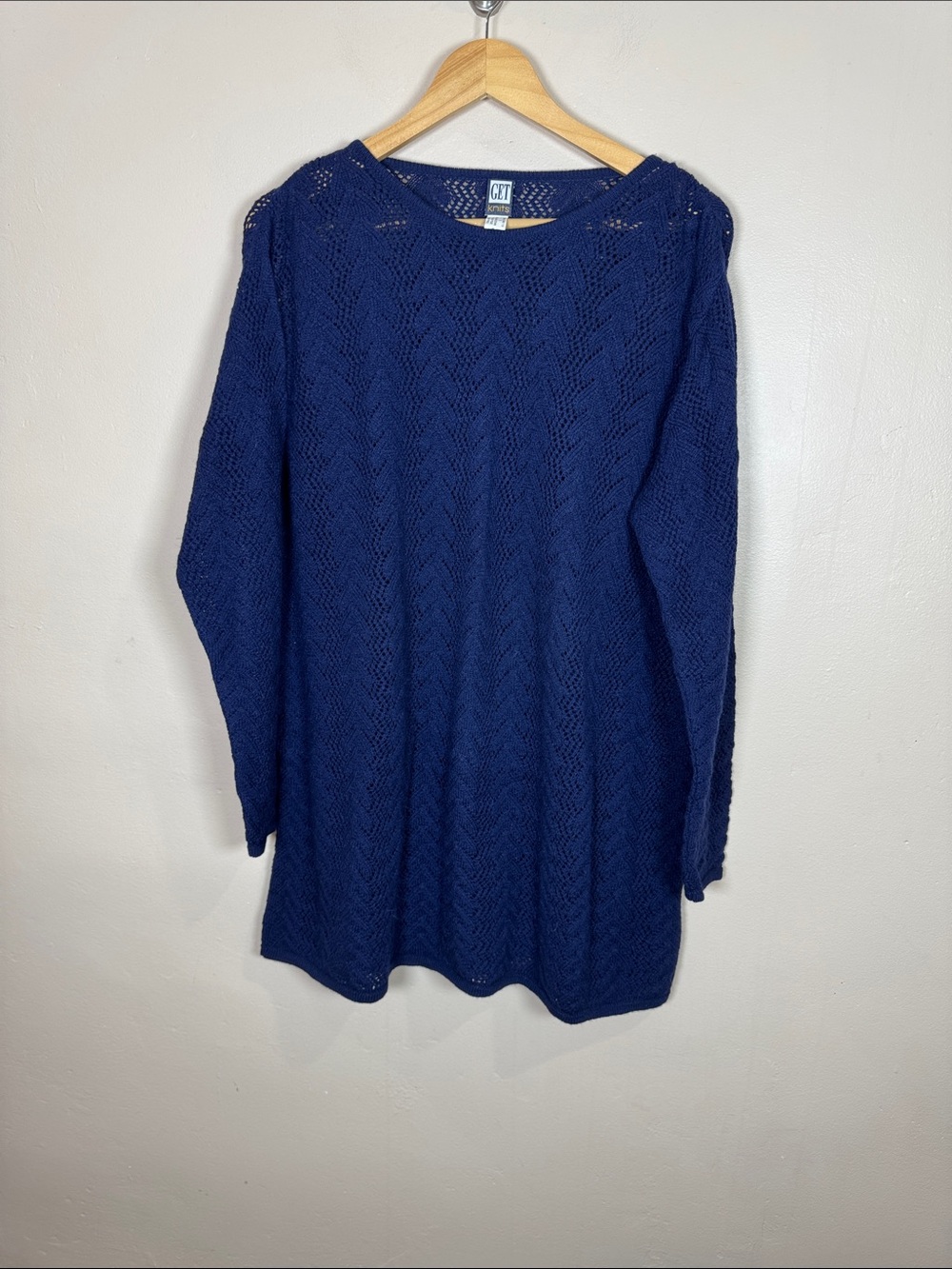 Get Knits Womens Sweater Alpaca Wool Peru Open Knit Tunic Blue Classic Coastal L